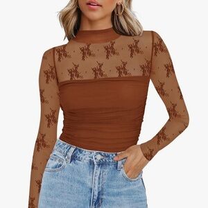 Elegant Brown mesh Sheer Long Sleeve Top